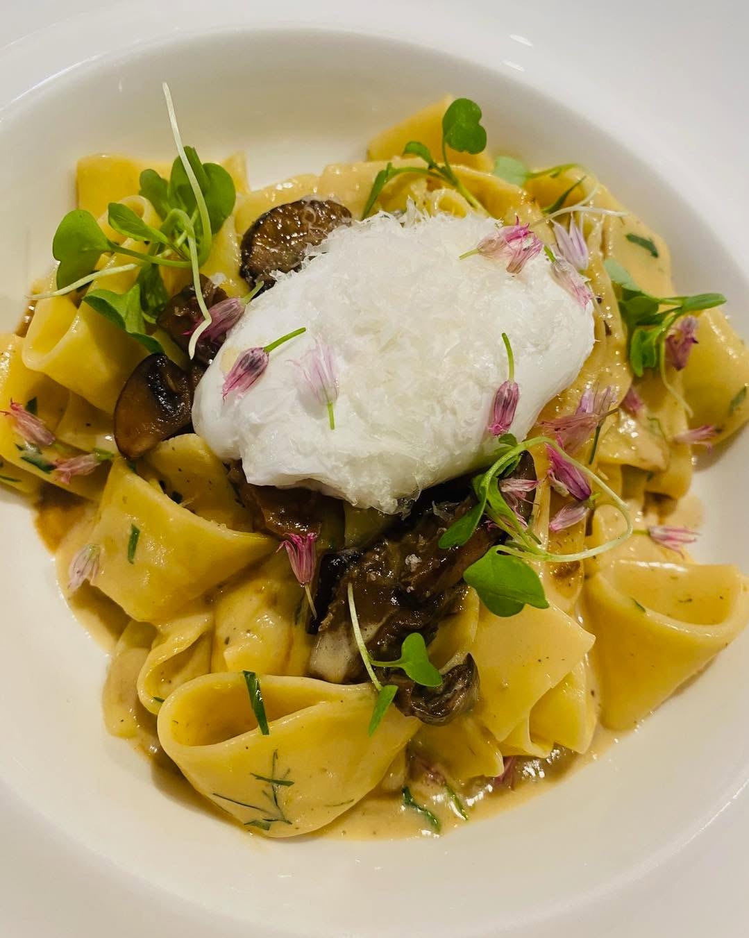 Pappardelle, œuf poché et fleurs de ciboulette